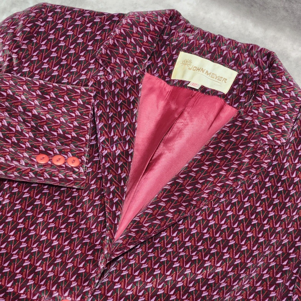 John Meyer Vintage Velvet Blazer Burgundy Geometric Abstract Pattern Size 12